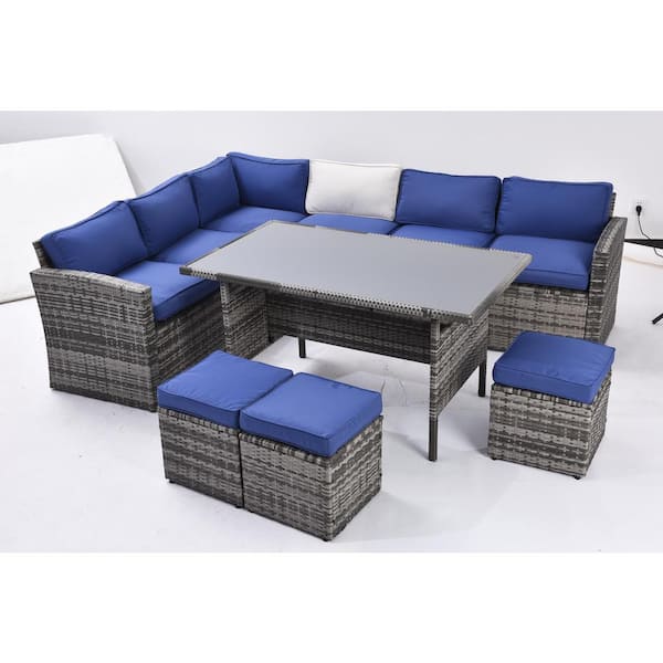 Unbranded Grey 7-Piece Wicker Outdoor Sectional Set, Patio Conversation Sofa with Table Set, Ottomans and Blue Removable Cushions