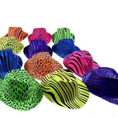 Neon Animal Print Plastic Party Hats - Party Stars Rave Hats for Kids and Teens in Birthday, Music Party (Pack of 24)