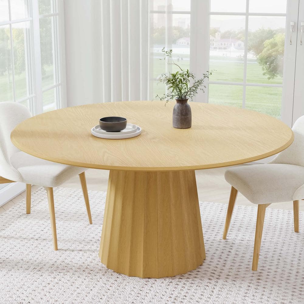 Dovelina 60 in. Solid Wood Natural Oak Pedestal Dining Table Round Kitchen Table Seats 6 HD ...