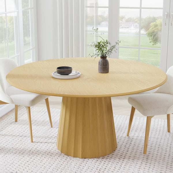 Dovelina 60 in. Solid Wood Natural Oak Pedestal Dining Table Round Kitchen Table Seats 6