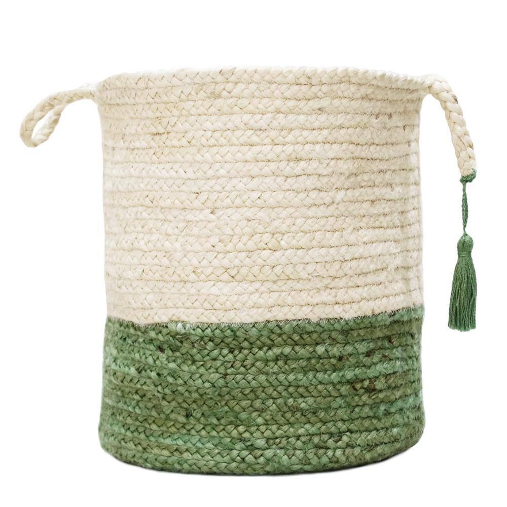 Handwoven Round Jute Storage Basket with Green Accents