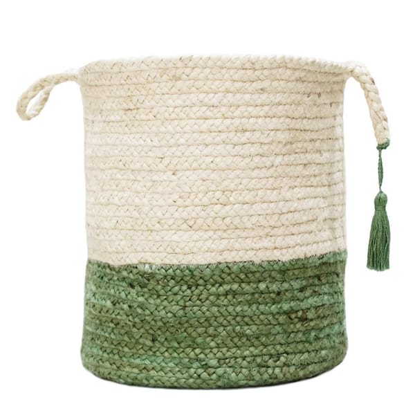 LR Home Amara Two-Tone Off-White / Green 19 in. Jute Decorative Storage Basket with Handles