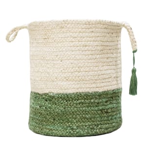 Amara Two-Tone Off-White / Green 17 in. Jute Decorative Storage Basket with Handles