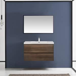 35.44 in.W x 18.9 in.D Wall-Mounted Bath Vanity in Grey Oak with white glossy Resin Top