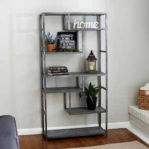 65 in. Gray/Black Metal 6-shelf Etagere Bookcase with Open Back