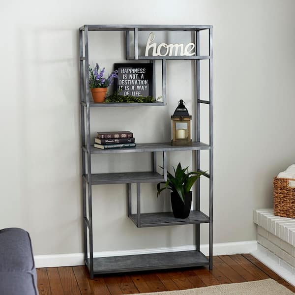 HOUSEHOLD ESSENTIALS 65 in. Gray/Black Metal 6-shelf Etagere Bookcase with Open Back