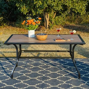 Black Rectangle Metal Patio Outdoor Dining Table with 1.57 in. Umbrella Hole and Wood-Look Tabletop