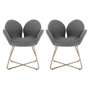 Modern Gray Teddy Fabric Flower Shape Accent Arm Chair with Golden Metal Frame (Set of 2)