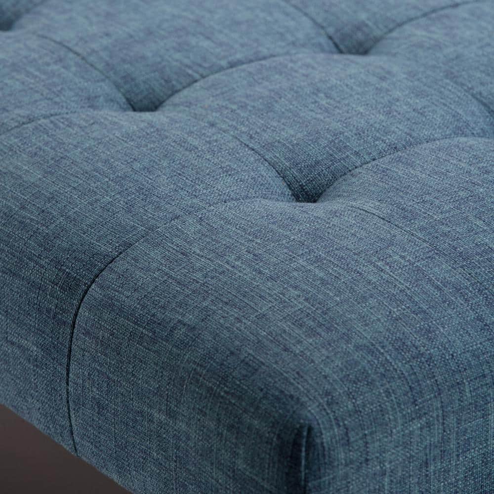 Draper Mid Century Tufted Ottoman Bench in Denim Blue Linen