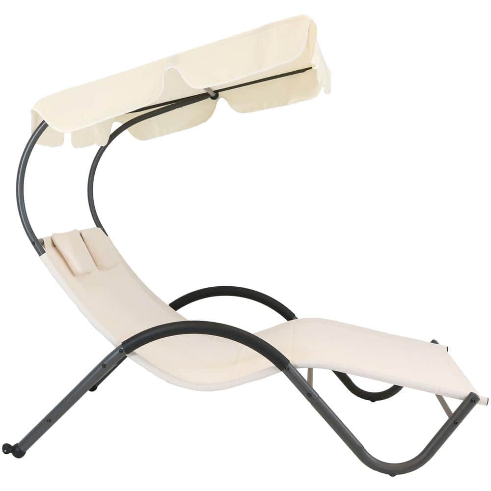 Beige Double Chaise Lounge with Canopy and Cushions