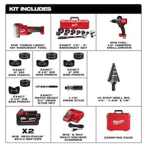 M18 18V Lith-Ion 1/2 in. to 4 in. Cordless Knockout Tool Kit w/Die Set 3.0 Ah Batteries & Hammer Drill, & Step Bit