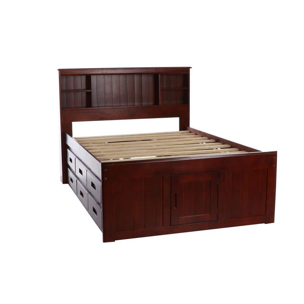 Rich Merlot Solid Pine Full Captain's Bookcase Bed with Storage Drawers