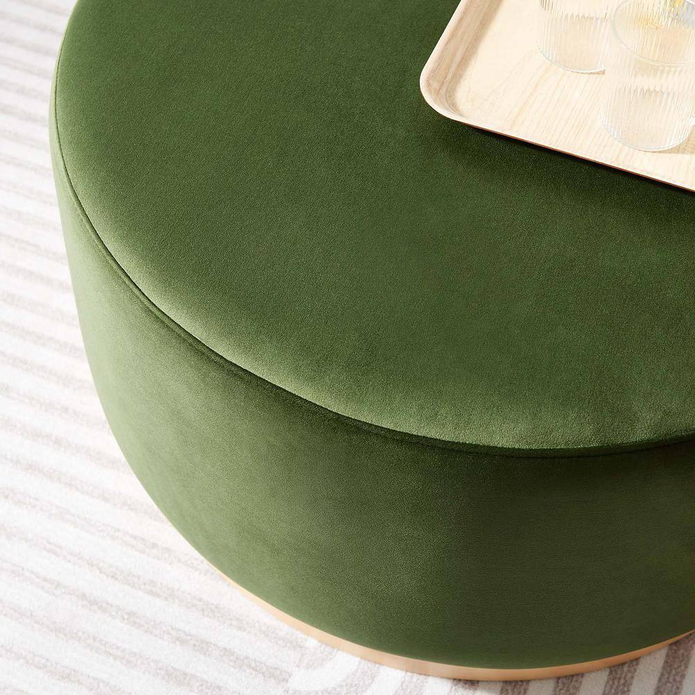 Moss Green Velvet Round Ottoman with Rubberwood Base