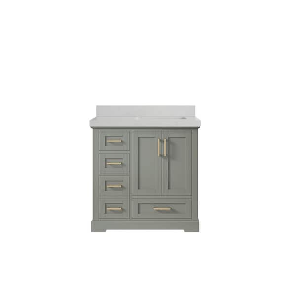 Willow Collections Boston 36 in. W x 22 in. D x 36 in. H Right Offset Sink Bath Vanity in Evergreen with 2 in. Carrara Quartz Top