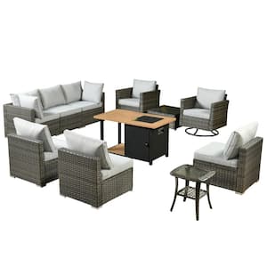 Sanibel Gray 11-Piece Wicker Outdoor Patio Conversation Sofa Set with a Storage Fire Pit and Light Gray Cushions