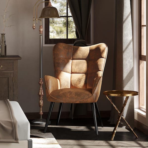 KANAS Modern Accent Wingback Chair, Upholstered in Walnut Suede, with Ergonomic Support, Mid-Century Style for Living