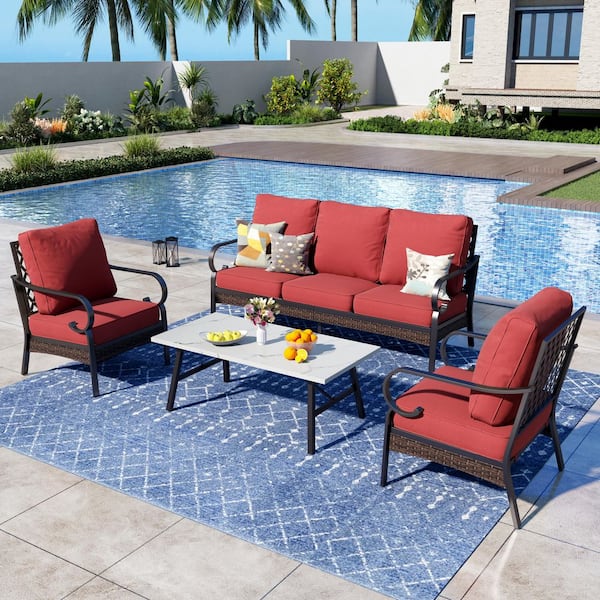 PHI VILLA 4-Piece Black Metal Outdoor Patio Conversation Sectional Seating Set with Marbling Coffee Table and Red Cushions