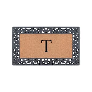 A1HC Floral Pattern Black 18 in. x 30 in. Rubber and Coir Outdoor Entrance Durable Monogrammed T Door Mat
