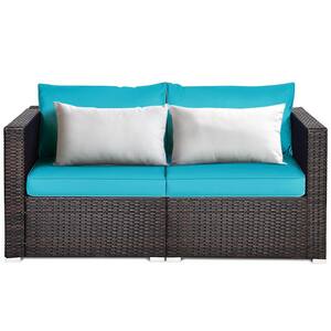 2-Piece Wicker Outdoor Couch Loveseats with Turquoise Cushions and White Pillow