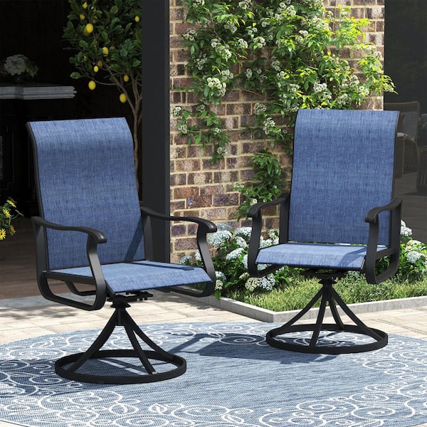 Black Metal Outdoor Dining chair with 360° Swivel Sling in Blue Set of 6