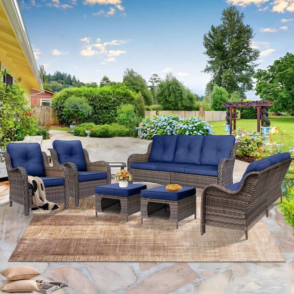 DWIOM Brown 7-Piece Wicker Patio Furniture Set Outdoor Rattan Sofa Lounge Chair Ottoman and Side Table with Navy Blue Cushion