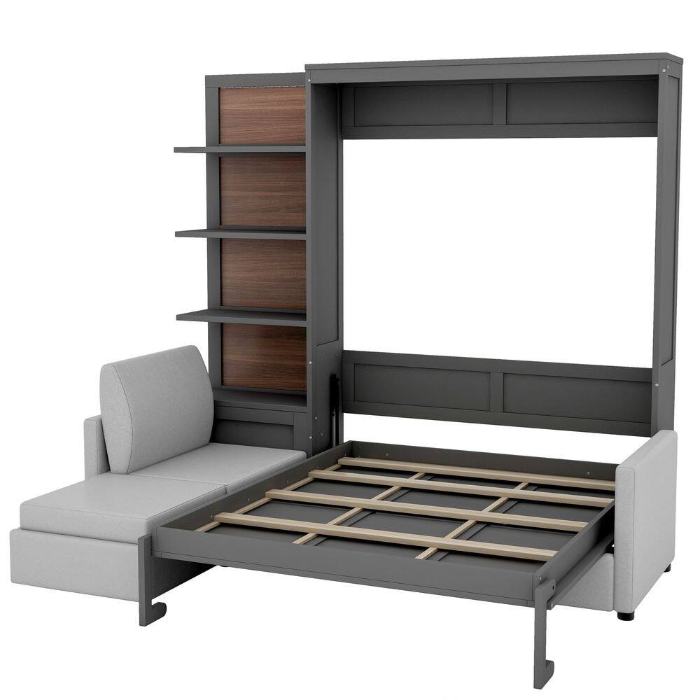 Gray Wood Frame Queen Size Murphy Bed Wall Bed with Sofa and Shelves - thumbnail 7