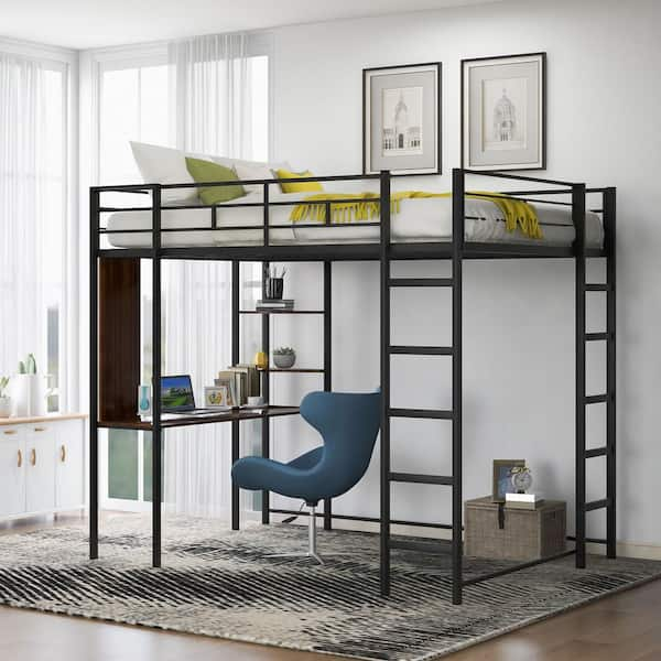 GODEER Black Full Size Metal Loft Bed With 2-Shelves And 1-Desk ...