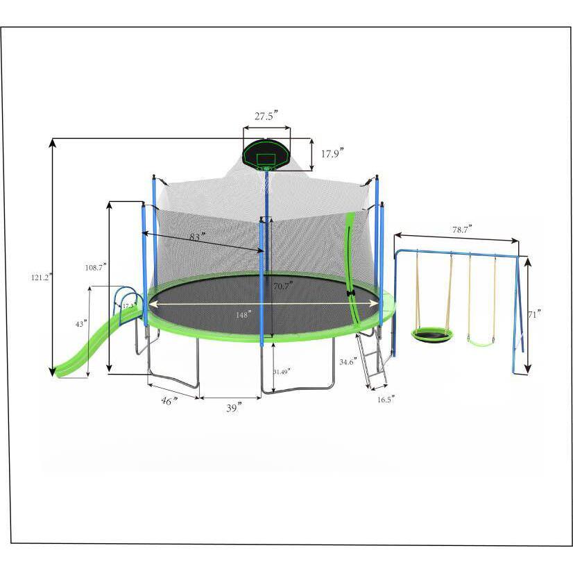 14FT Green Trampoline with Slide, Swings, and Basketball Hoop
