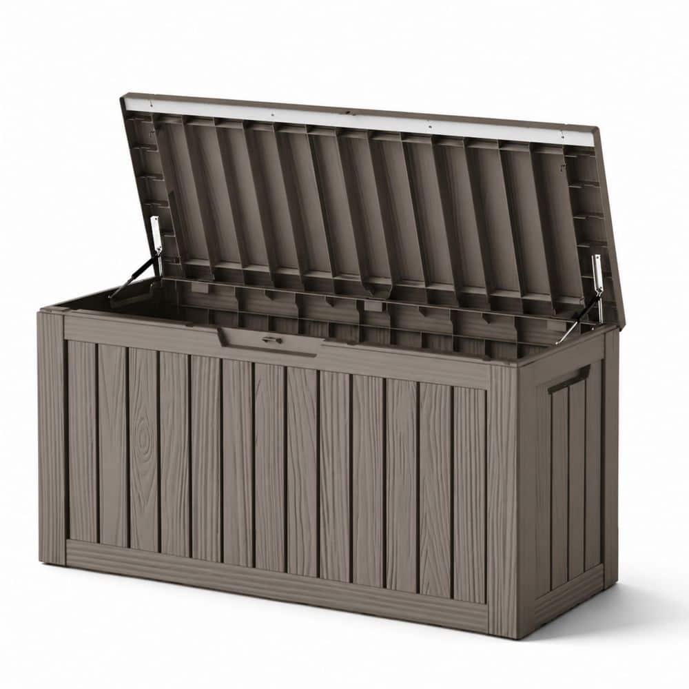 100 Gal. Large Gray Wood Grain Resin Deck Box with Top Metal Rod and Dual Gas Struts Lockable Garden Storage Chest