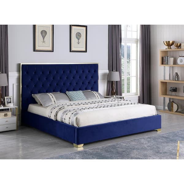 Best Master Furniture Demarcus Blue Queen Velour Upholstered Bed