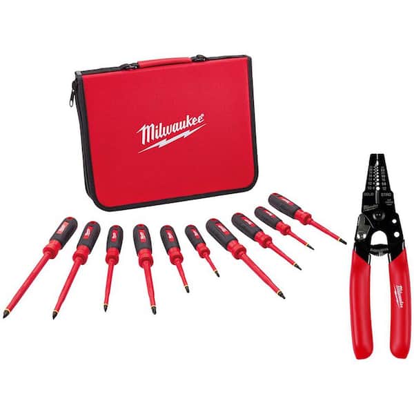 Milwaukee 1000-Volt Insulated Screwdriver Set with Case with 10-24 AWG Compact Dipped Grip Wire Stripper and Cutter (11-Piece)