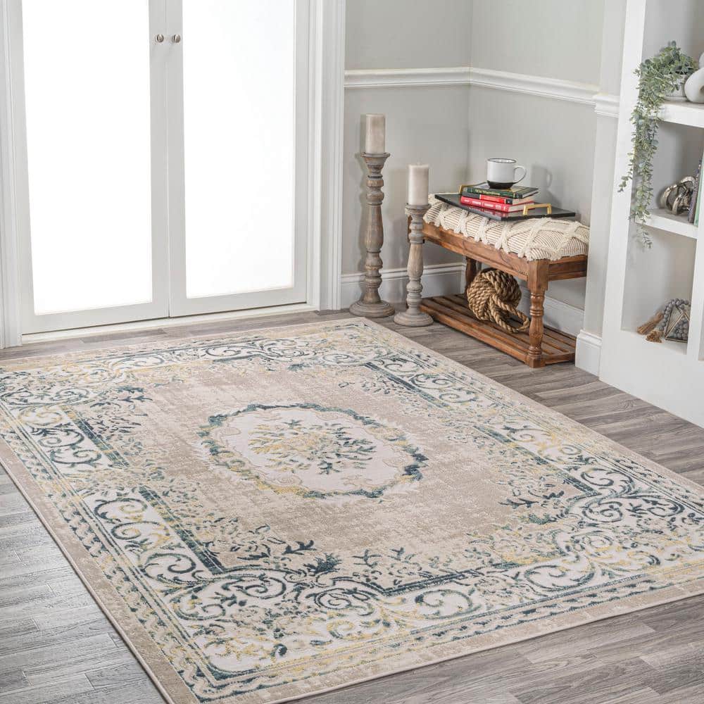 Ivory/Navy 4' x 6' Reversible Synthetic Medallion Rug