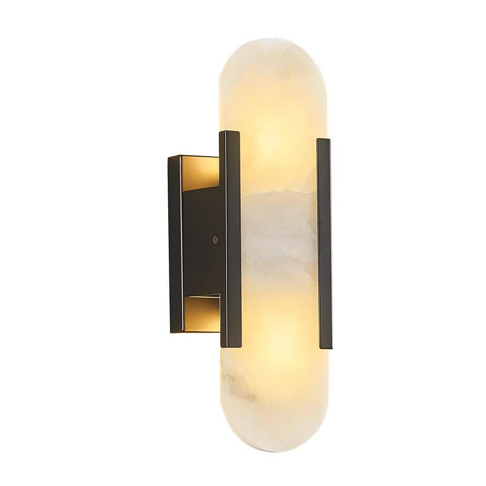 Natural Alabaster 13.8 in. 2-Light Black 1-Pack Modern Wall Sconce With Marble Shade for Livting Room Bedroom price history on PriceWatchPro