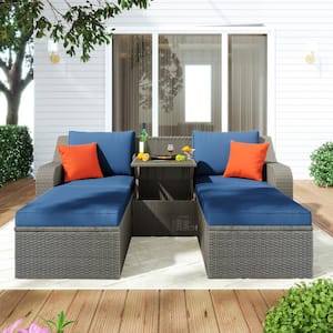 3-Piece Gray Wicker Outdoor Sofa Sectional Set with Blue Cushions, Pillows, Ottomans and Lift Top Coffee Table