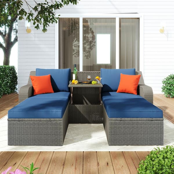 Afoxsos 3-Piece Gray Wicker Outdoor Sofa Sectional Set with Blue Cushions, Pillows, Ottomans and Lift Top Coffee Table
