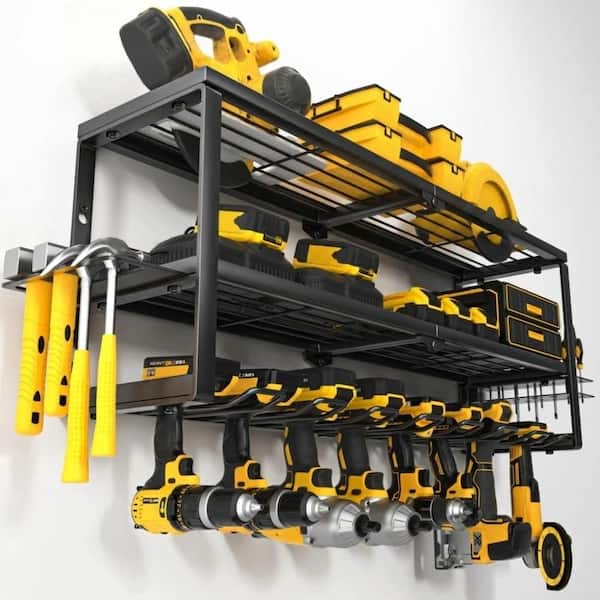 32 in 8-Slot Power Tool Wall Organizer Rack with Charging Station Shelf, 3-Tier Heavy Gauge Steel, Fits Most