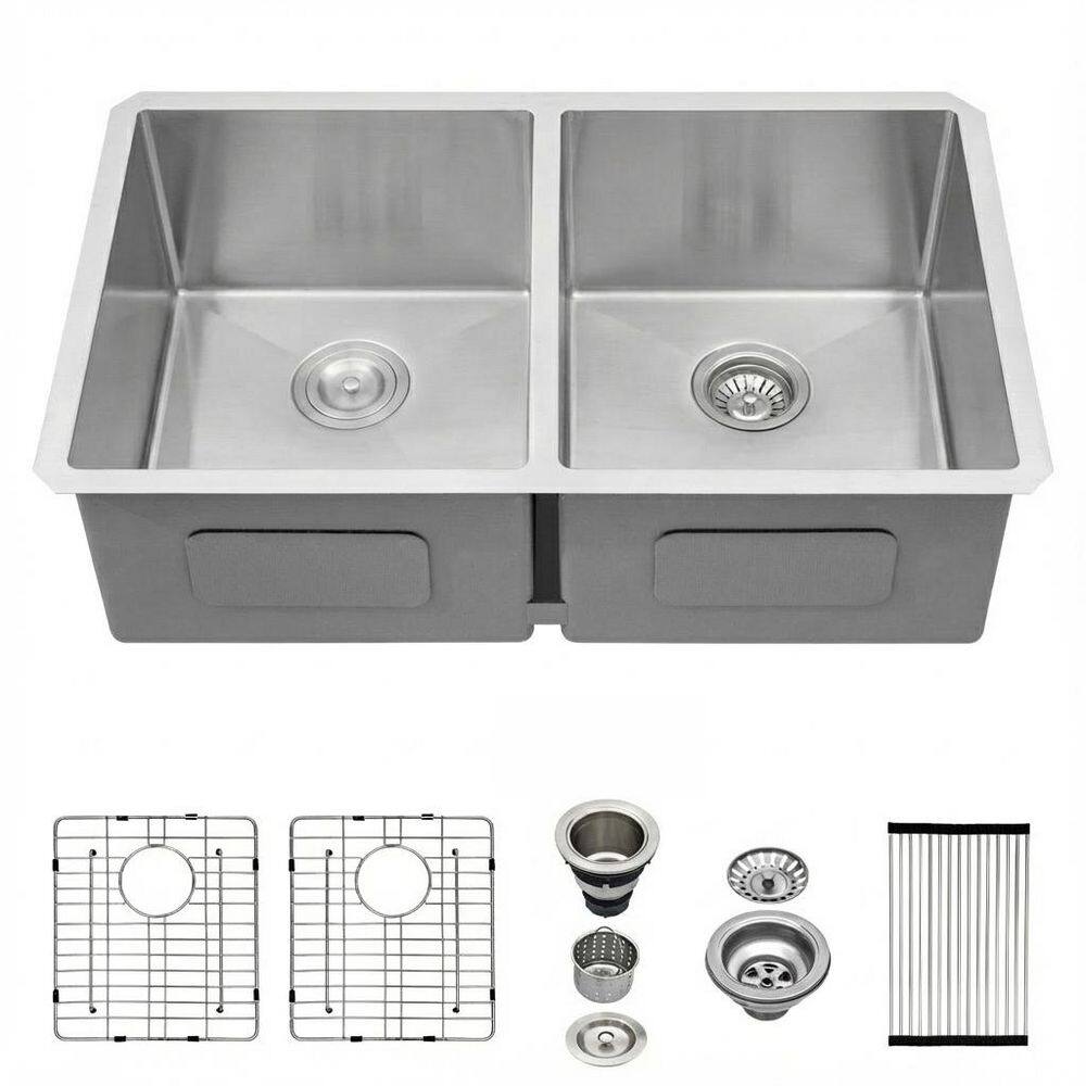 Logmey 18-Gauge Stainless Steel 33 in. Double Bowl Undermount
