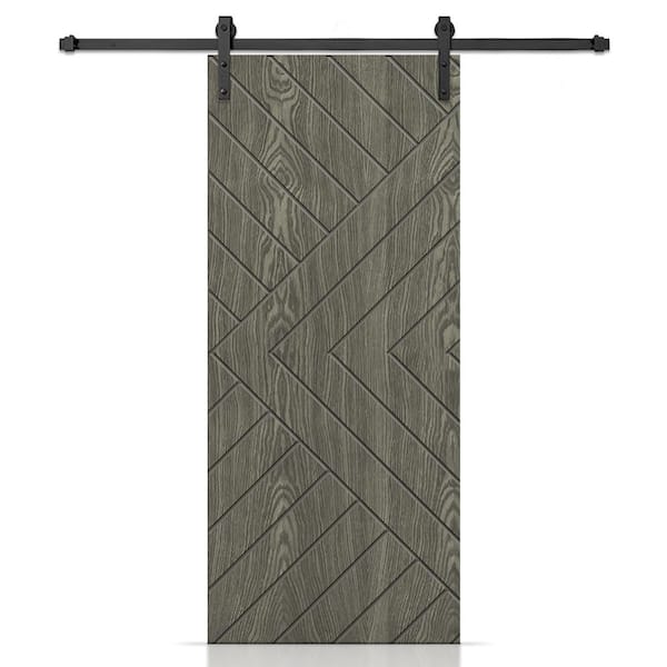 CALHOME 36 in. x 84 in. Chevron Arrow Hollow Core Weather Gray Oak Veneer Composite Interior Sliding Barn Door with Hardware Kit