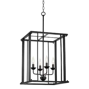 Samson 31.5 in. 4-Light Modern Farmhouse Lantern Cage Pendant Light, Adjustable Foyer Chandelier, Black