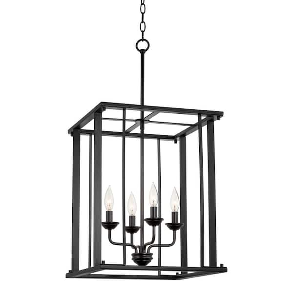 Kira Home Samson 31.5 in. 4-Light Modern Farmhouse Lantern Cage Pendant Light, Adjustable Foyer Chandelier, Black