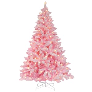 6.5 ft. Pre-Lit LED Artificial Christmas Tree Flocked with Warm White Light, Pink