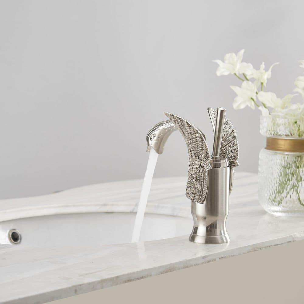 Brushed Nickel Swan Single Handle Bathroom Faucet with Pop Up Drain