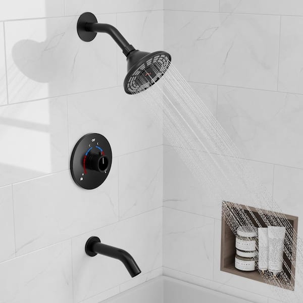 YAWWALK 1-Spray Patterns with 5 in. Wall Mount Rain Fixed Shower Head with Bathtub Faucet in Matte Black