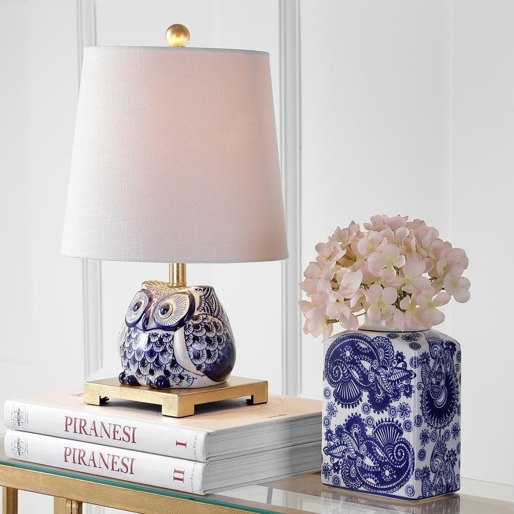Justina Blue Ceramic Owl Table Lamp Set with White Shade