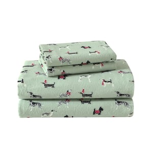 Holiday Pups 3-Piece Green Cotton Flannel Twin Sheet Set