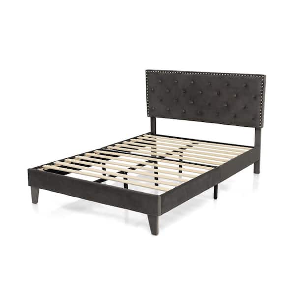 Gray Metal Bed Frame Upholstered Full Platform Bed with Tufted Headboard Mattress Foundation