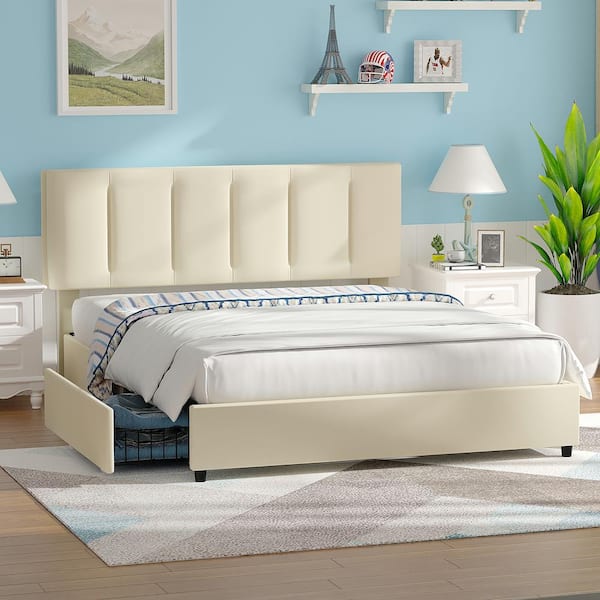 VECELO Upholstered Bed Frame, Full Bed with 4 Storage Drawers and Adjustable Headboard Platform Bed Frame Beige