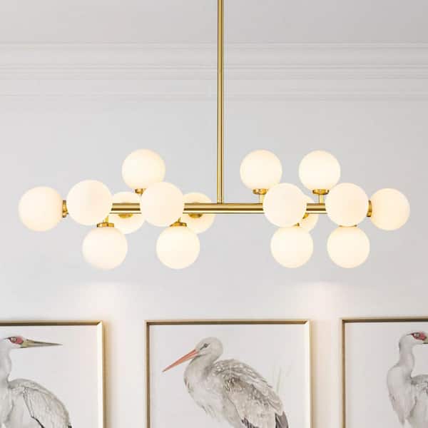 RRTYO Lane 16-Light Mid-Century Modern Gold Linear Chandelier for Kitchen Island with Milky White Bubble Glass Globe