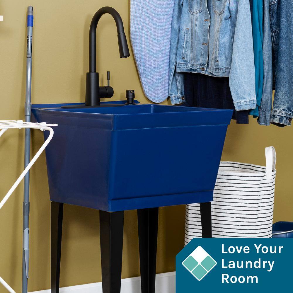 Blue Freestanding Utility Sink with Black High-Arc Faucet