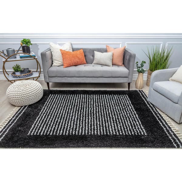 Ebony Twilight Shag Black 8 ft. x 10 ft. Stripe Area Rug